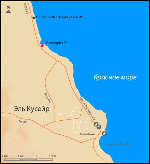 Египет. Карта Эль Кусейра с отелями.