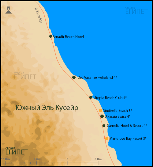 Египет. Карта Эль Кусейра с отелями.