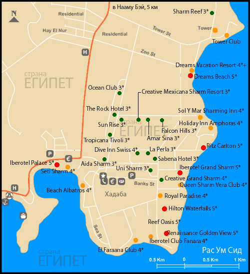 Египет. Карта отелей в бухте Рас Ум Сид.